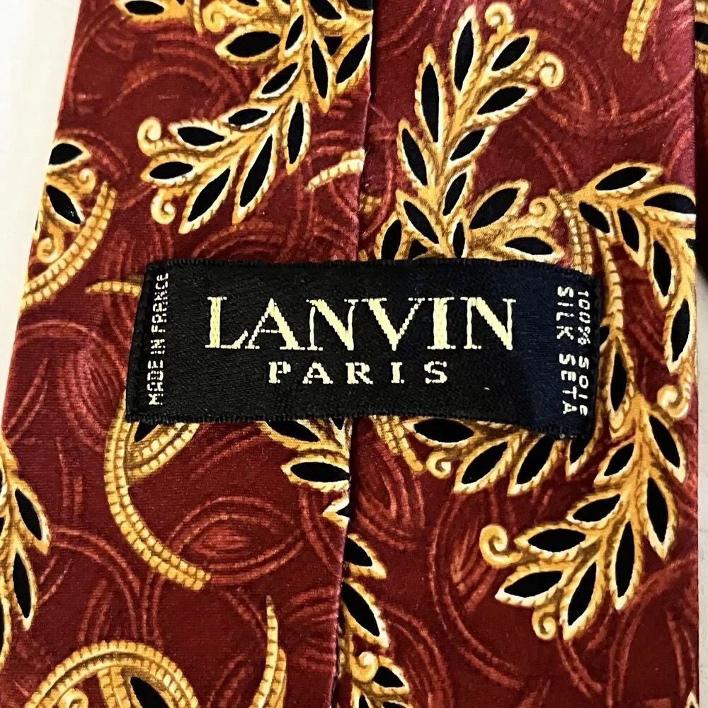 LANVIN PARIS Bordeaux Leaf Print Luxury Silk Tie 3.75” x 59” Made in France